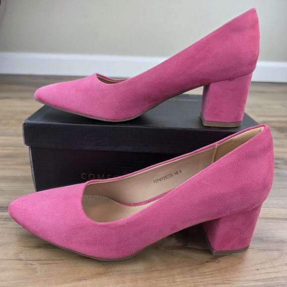 📃☔️🩵⏭️NIB Pink Suede Closed Toe Chunky Block Heel Shoes Size 8 - Picture 12 of 16